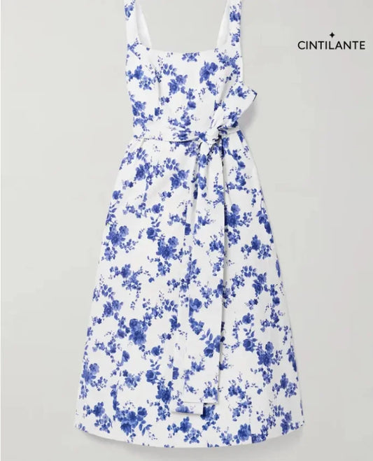 Vestido midi faille com cinto e estampa floral