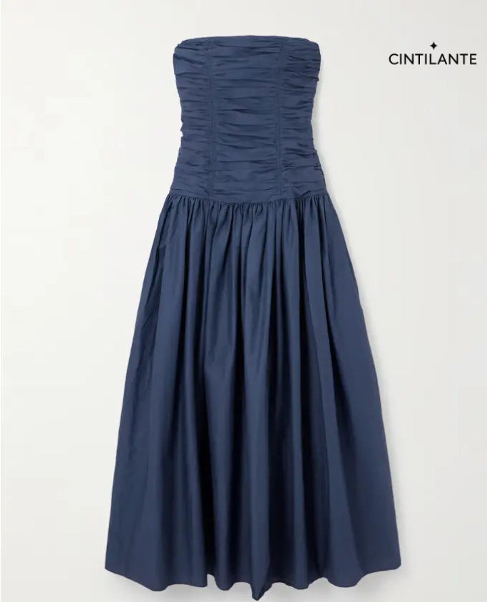 Vestido midi de popeline de algodão orgânico com franzidos e sem alças
