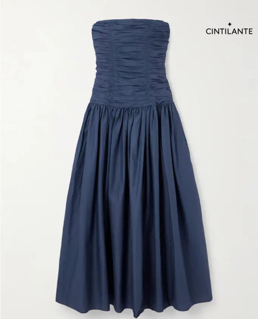 Vestido midi de popeline de algodão orgânico com franzidos e sem alças