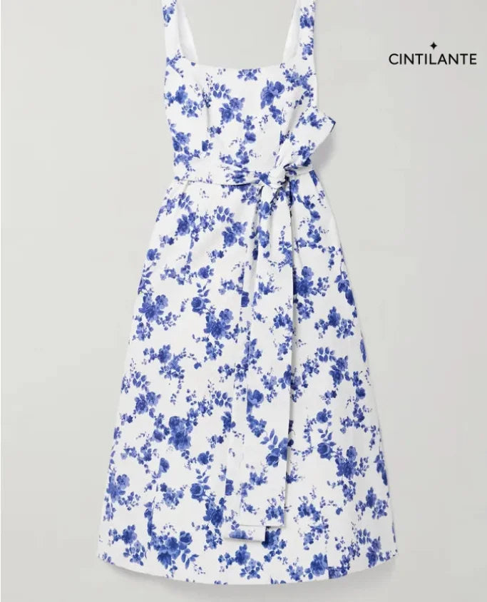 Vestido midi faille com cinto e estampa floral