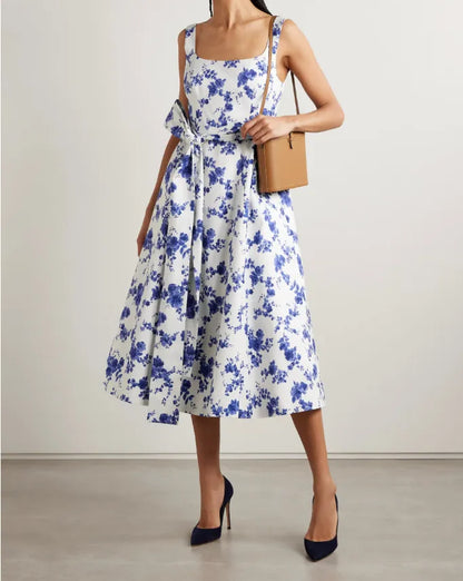 Vestido midi faille com cinto e estampa floral