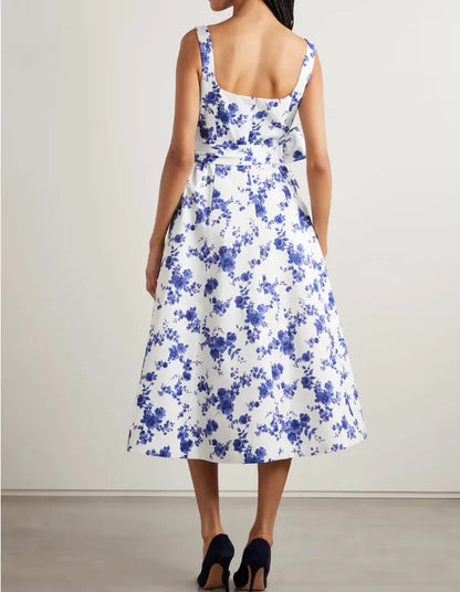 Vestido midi faille com cinto e estampa floral